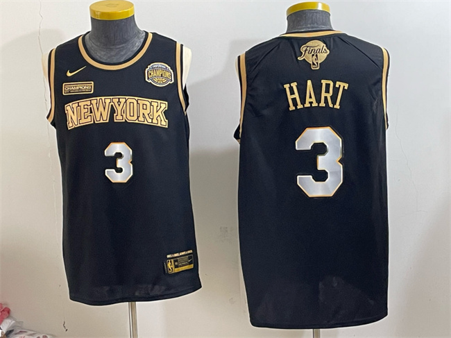 Men's New Yok Knicks #3 Josh Hart Black Gold 2026 Finals & Eastern Conference Champions Patch Stitched Jersey